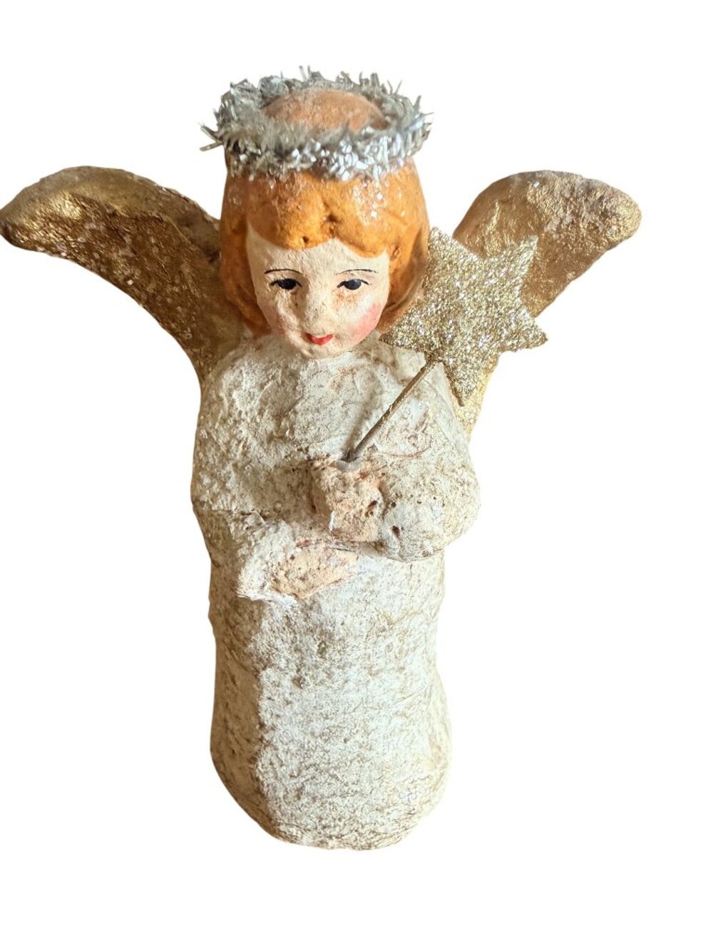 Vintage Teena Flanner Angel Figurine With Glitter Wings & Star Wand Paper Mache